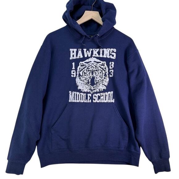 Stranger Things Hawkins Middle School 1983 Hoodie Sz M Blue Pullover Sweatshirt - Picture 1 of 6